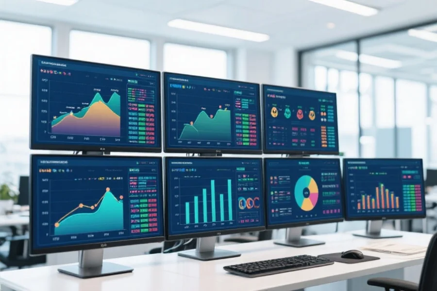 一组多屏显示器上展示着彩票数据趋势、统计图和预测模型，背景为明亮的现代办公室